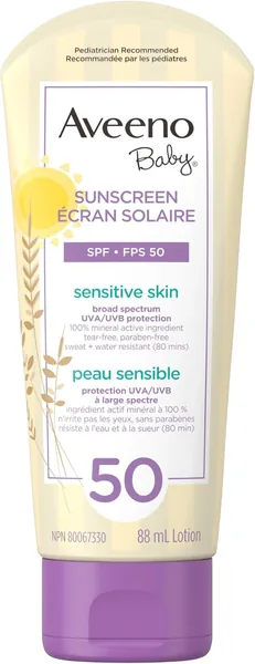 Aveeno Baby Mineral Sunscreen Lotion SPF 50-100% Naturally Sourced Zinc Oxide for Sensitive Skin - Water Resistant - 88 mL