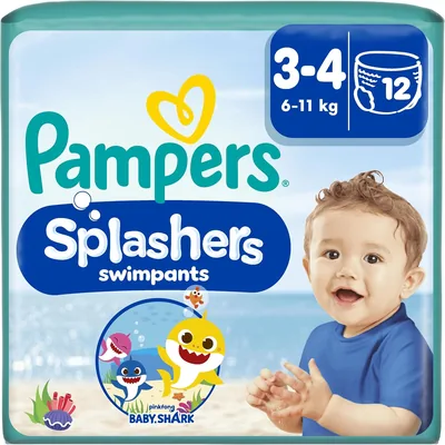 Pampers Splashers Baby Shark, rozmiar 3, 12 jednorazowych pieluchomajtek do pływania dla dzieci od 6kg do 11kg - Najlepsza oferta