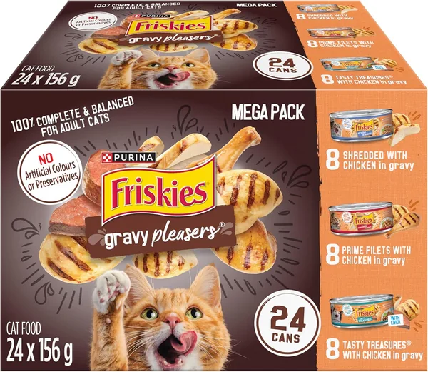 Friskies Gravy Pleasers Wet Cat Food, Chicken Variety Pack 3 Flavours - 156 g Can (24 Pack)