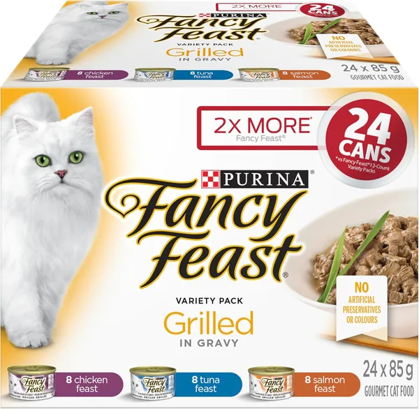 Fancy Feast Grilled Wet Cat Food in Gravy Variety Pack 3 Flavours - 24 x 85g Cans