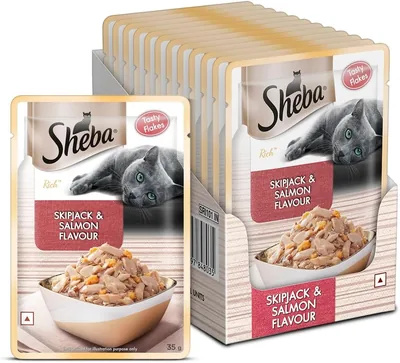 Sheba Rich Premium Adult (1+ Years) खाना, Skipjack & Salmon फ्लेवर, 35 ग्राम पाउच (Pack of 12), उच्च नमी वाला भोजन