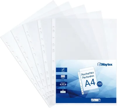 Fichier perforé Waytex A4 Transparent 40 Micron - Sac de 100 (931302) - Meilleur Prix
