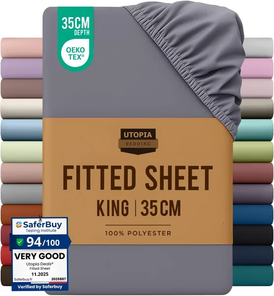 Utopia Bedding Fitted Sheet King, Grey - Deep Pocket 14 inch (35 cm) - Easy Care - OEKO-TEX Certified