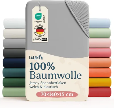 Laleni Jersey Fitted Babybettlaken, Öko-Tex zertifiziert, Kinderbettwäsche aus 100% Baumwolle, Grau, 70 x 140 cm