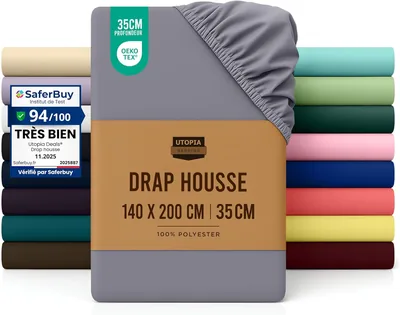 Feuille de lit ajustée Utopia - Gris, 140 x 200 cm - Certifiée Oeko-Tex - Coins de 35 cm pour matelas épais - Microfibre brossée - 5% de réduction