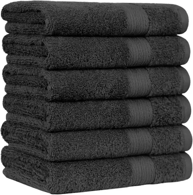 Toallas de mano Amazon Basics de 6 piezas, resistente al desvanecimiento, 100% algodón, negro, 26'' x 16''