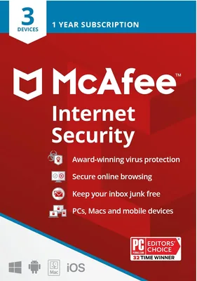 McAfee Internet Security 2021, 3 Device, Antivirus Software