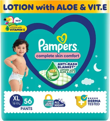 Pampers के कम्पलीट स्किन कॉम्फ़र्ट पैंट्स (XL), 56 काउंट, एंटी-रश ब्लैनेट, लोशन विथ विटामिन ई और एलो वेरा, बच्चों के लिए