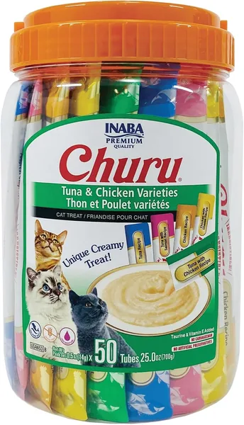 INABA Churu Cat Treats, Lickable, Squeezable Creamy Pur e Cat Treat with Green Tea Extract & Taurine