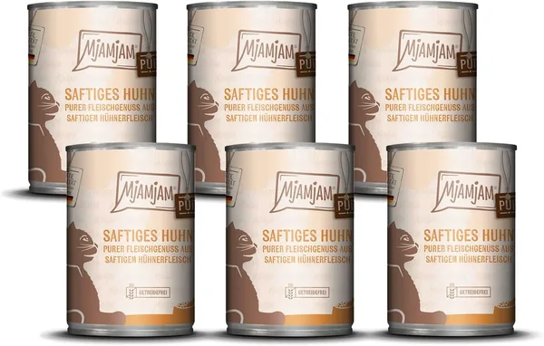 MjAMjAM Premium Nassfutter für Katzen, Saftiges Fleischgenuss, Hühnerfilet, 6er Pack (6 x 400 g), getreidefrei mit zusätzlichem Fleisch