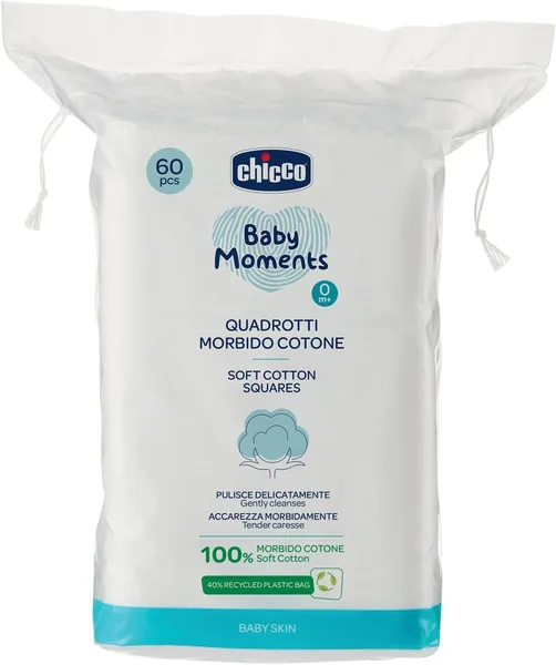 Chicco Baby Moments Squares Soft Cotton, Gently Cleans and Soft Caresses, Baby Skin, White, 60 Pieces