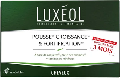 Supplément de croissance et de renforcement des cheveux Luxéol | Arugula, Horsetail, Zinc, Cuivre, Sélénium, Vitamine B8 & B6 - Fabriqué en France