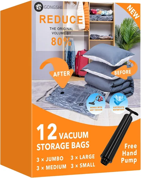 GONGSHI Vacuum Storage Bags (3 x Jumbo, 3 x Large, 3 x Medium, 3 x Small), Space Saver Sealer Compression Bags with Travel Hand Pump