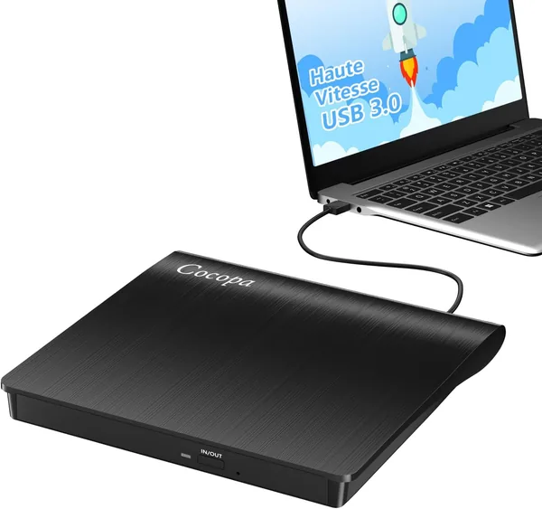  lecteur portable CD/DVD USB 3.0 slim pour PC et Mac, rapide transmission à la carte USB incluse, noir