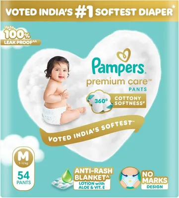 Pampers Premium Care पैंट शैली बच्चे के डायपर M 54 काउंट | कोई मार्क नहीं डिज़ाइन | भारत में नंबर 1 सबसे नरम डायपर | ऑल इन 1 डायपर