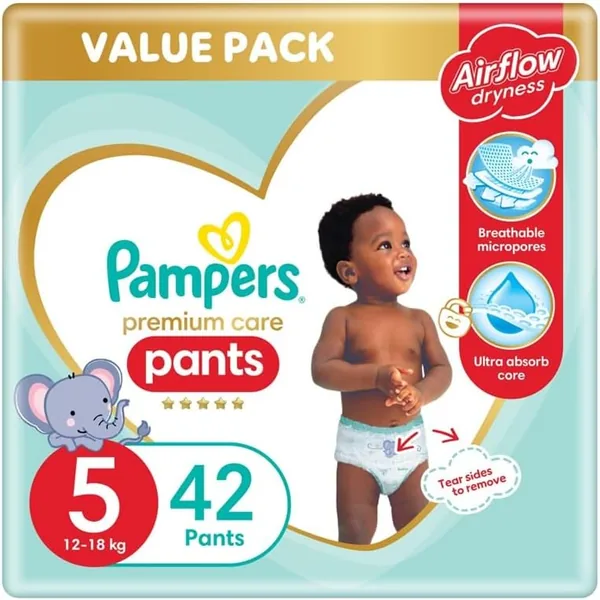 Pampers Premium Care Pants Size 5 (12-18 kg) - 42 Nappies, Airflow Skin Comfort - 31% Off