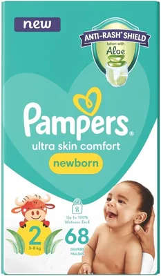 Pampers Anti-Rash Shield Taped Diapers - Size 2 (3-8 kg), 68 Diapers, Lotion with Aloe Vera 29% Off