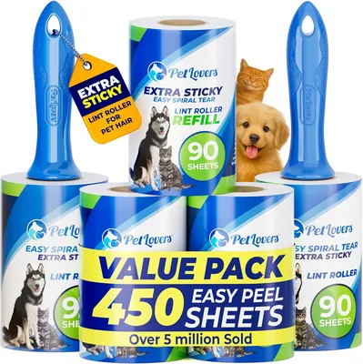 PetLovers Extra Sticky Ribbon Roller Mega Aanbieding: 450 Bladen voor Huisdierhaarverwijdering, Kat en Hond Vachtverwijderaar, 5 Pak