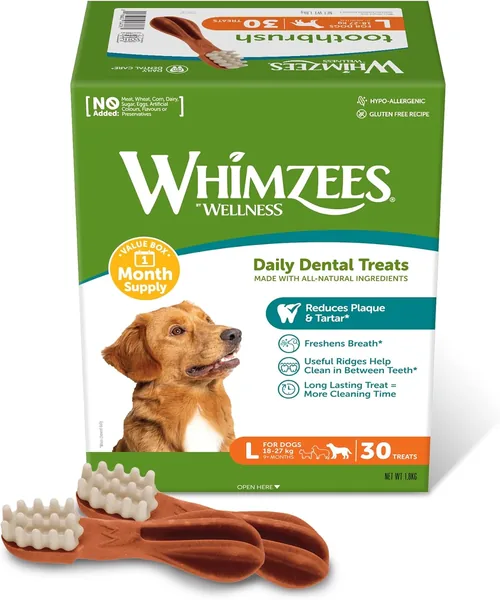WHIMZEES Tandborstels L, Maandelijkse Voorraad, 30 Stuk - Grootte L, Kauwsnack voor Grote Honden, Natuurlijk & Graanvrij, Vegetarisch, Nee A