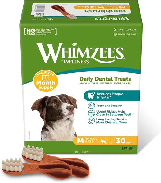 WHIMZEES Tandborstels M, Maandelijkse voorraad, 30 Stuk - Grootte M, Kauwsnack voor Middelgrote Honden, Natuurlijk & Graanvrij, Vegetarisch, Nee