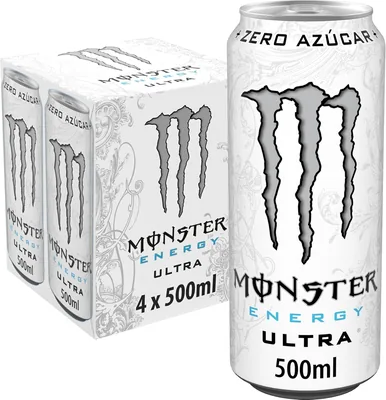 Monster Energy Ultra White, Sin Azúcar Bebida Energética - Paquete de 4 Latas de 500 ml