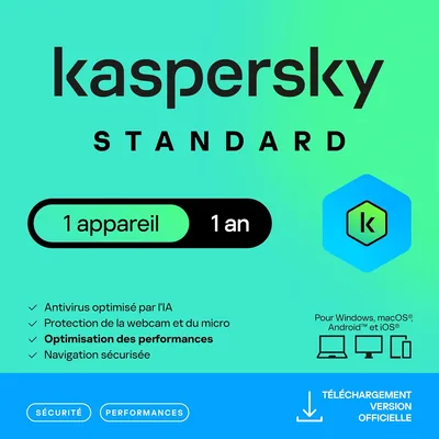 Kaspersky Standard Antivirus 2026 | 1 appareil | 1 an | Sécurité Avancée | Protection bancaire | Optimisation des performances - Meilleures Offres