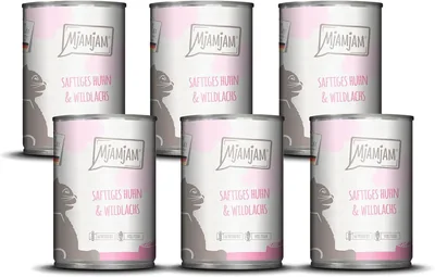 MjAMjAM Premium Nassfutter für Katzen, Geflügel und Wildlachs, 6er Pack (6 x 400g), getreidefrei mit zusätzlichem Fleisch