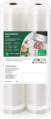 Bonsenkitchen Sacchi a Vuoto 2 Rulli 28 x 600 cm | Borse per Conservazione Cibo Sous Vide Professionali - Totale 12m - VB3207