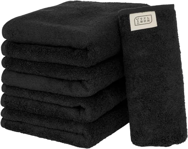 Towel Kenkyujo Everyday Simple #001 Face Towel, Jet Black, Set of 5, Rapid Absorption, Quick Drying, 100% Cotton, Durable, Minimal Shedding