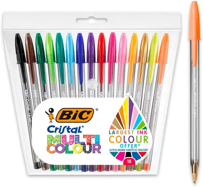 BIC Cristal Multicolore Stylo à bille (Tip large 1.6 mm) - Idéal pour l'école et le bureau - Assortis - Pack de 15