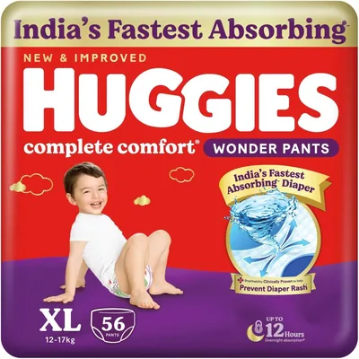 Huggies Complete Comfort Wonder Pants | XL साइज़ के लिए भारत की सबसे तेज़ अवशोषित करने वाली बेबी डायपर, 56 काउंट | 41% ऑफ