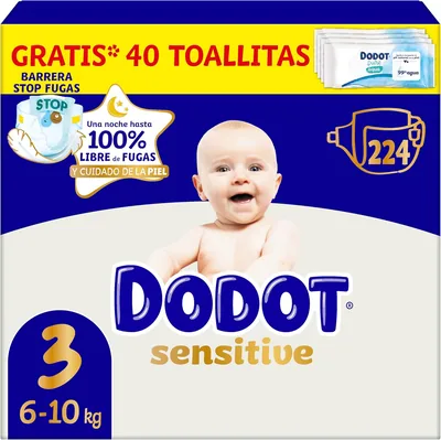 Pañales para Bebés Dodot Sensibles, Talla 3 (6-10 kg), 224 Pañales + Regalo de 40 Toallitas Aqua Pure, 99% Agua, Protección contra Fugas hasta 12 h