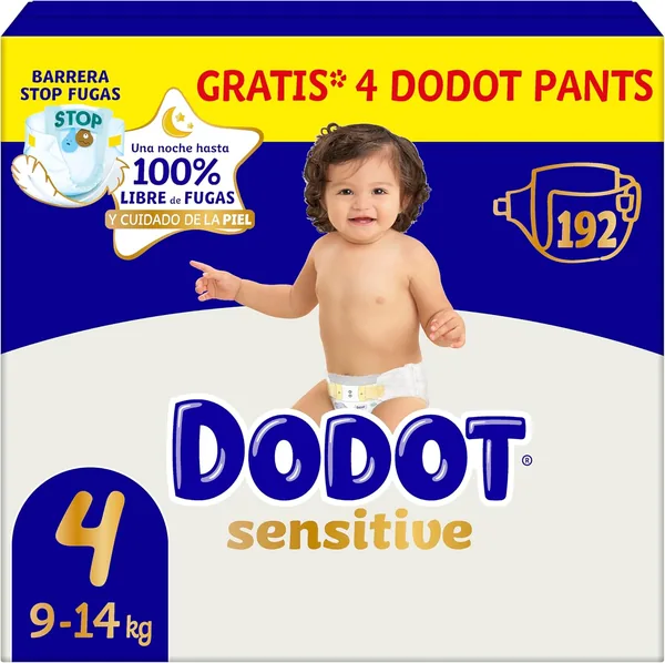 Dodot Sensitive Baby Diapers Size 4 (9-14 kg), 192 Nappies + 4 Gift Pants
