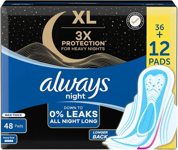 Always XL Night Pads, 3x Protection for Heavy Nights, Maxi Thick, 48 Pads