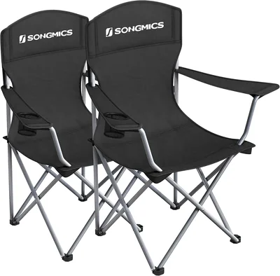 SONGMICS Kampingsessel Set 2, platt formlärad utdäkningsstol Outdoor fiskestol Med hög räcka och armlehn Skallhållare Plättbar, max. laddvikt 100 kg