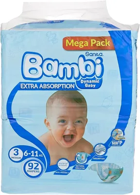 Sanita Bambi Baby Diapers Mega Pack Size 3 (6-11 KG), 92 Count - 18% Off