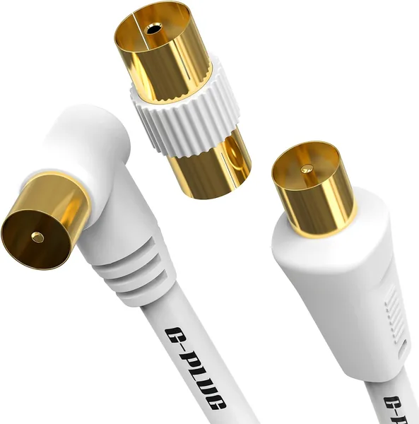 2m TV Aerial Cable with Right Angled Plug + Adapter - Coaxial RF Lead Male to Male - Gold-Plated Connector