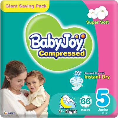BabyJoy Compressed Diamond Pad Diaper Giant Pack Junior, Size 5, 66 Count, 14-25 kg - 27% Off