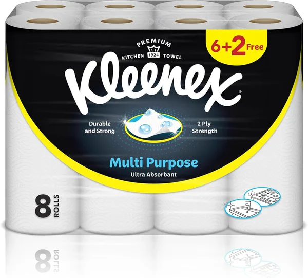 Kleenex Multi Purpose Kitchen Tissue Paper Towel, 2 PLY, 8 Rolls x 40 Sheets, Absorbent Towels for all Surfaces