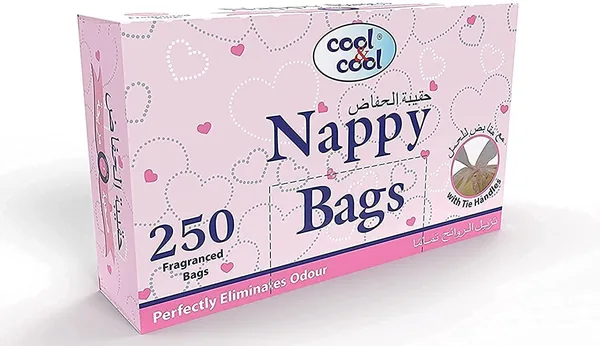 Cool & Cool Nappy Bags 250's- Diaper Disposable Bags, Mildly Scented, Hygienic, Easy-Tie Handles & Eliminates Odour