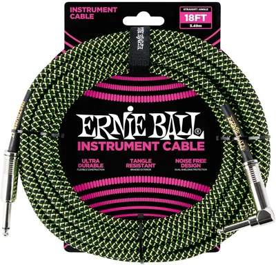 Câble d'instrument Ernie Ball P06082 tressé, embouts droits et angulaires, 18 pieds, vert néon et noir - Meilleur Prix