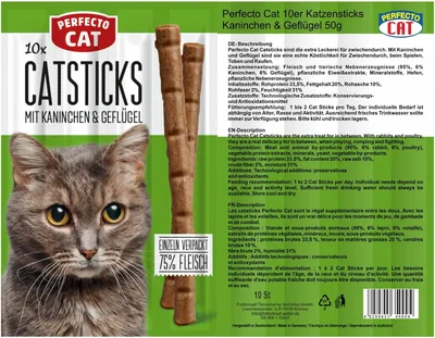 عصي Perfecto Cat Catsticks للقطط، بنكهة الدجاج والكبد، 50 جرام، للبالغين، عصا، دعم المغذيات الدقيقة، فيتامين أ وب12، 10 قطع