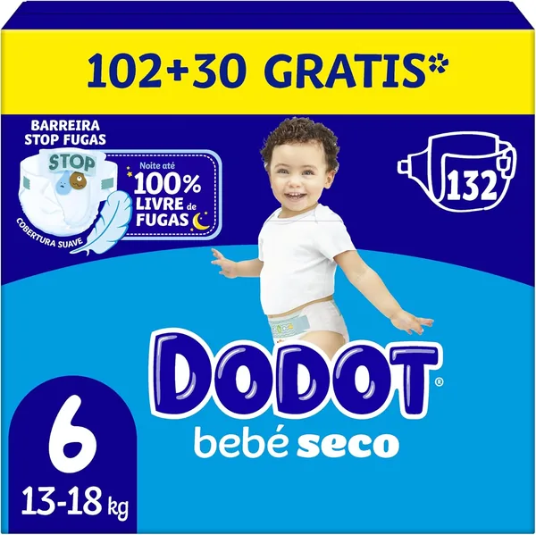 Dodot Baby-Dry Diapers, Size 6 (13-18 kg), 132 Nappies + Gift of 1 Pack of 10 Aqua Pure Wipes