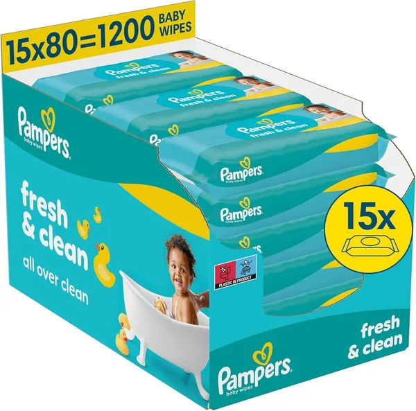Pampers Fresh Clean Baby Wipes, Mild Fragrance, Also Suitable for Hands and Face, 1200 Wipes (Pack of 15)