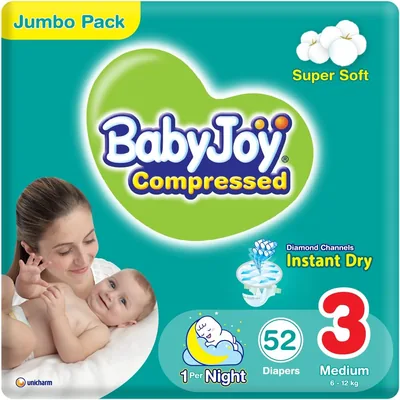 Babyjoy Compressed Diamond Pad Diaper, Jumbo Pack Medium Size 3, 52 Count (6-12 Kg) - 32% Off