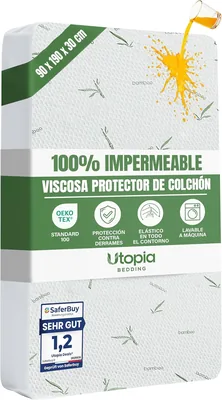 Protector de Colchón Utopia Bedding 90x190x30 cm, Impermeable, Viscosa Premium, Certificado Oeko-Tex, Cubierta Respirable