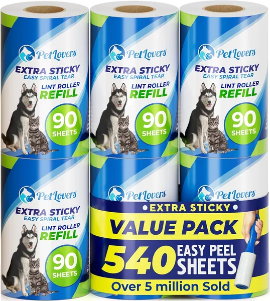 PetLovers Extra Sticky Ribbon Roller Mega Aanbieding: 450 Bladen voor Huisdierhaarverwijdering, Kat en Hondfluff Verwijderaar met 6 Refills - Beste Deal