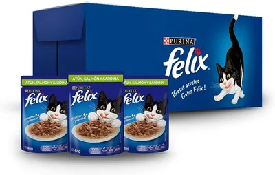 Felix Alimento Húmedo Sabor Atún Salmón y Sardina, Paquete con 24 Pzas de 85g