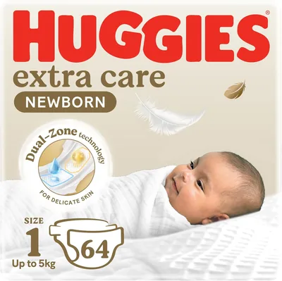 Huggies Extra Care Newborn Diapers, Size 1 (5kg), Jumbo Pack (64) - 21% Off