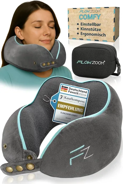 FLOWZOOM Comfy Neck Cushion Airplane & Car Travel Pillow Memory Foam with Slim Back & Washable Cover (Velvet Soft & Breathable) - Neck Cushion Adults Grey